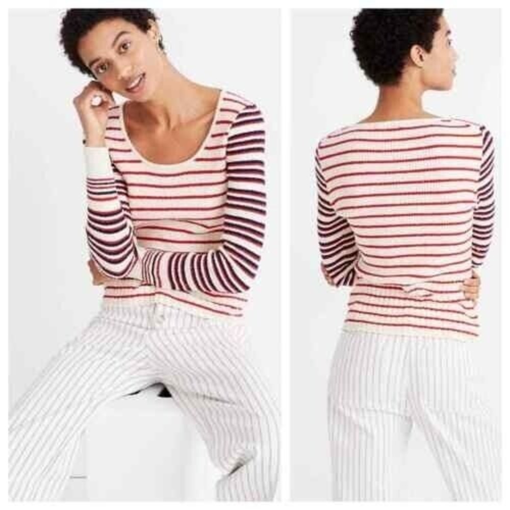 Madewell Stillman Pullover Sweater S Stripe Mix Cotton Crepe Scoop Neck AK553